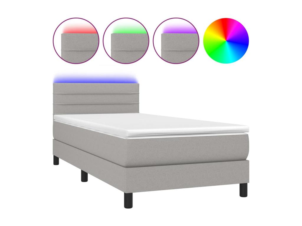 Upholstered bed base with mattress and LED light, light grey, 90x190cm, fabric