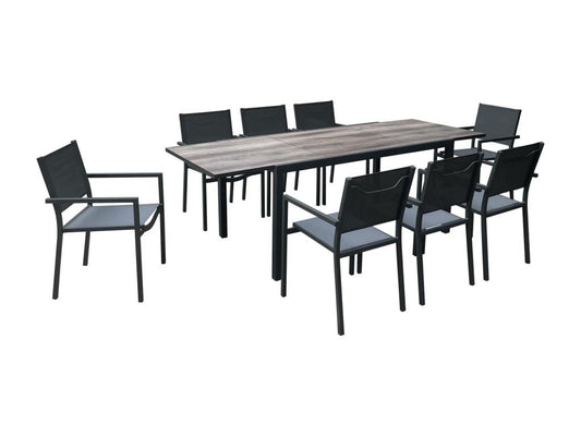 Aluminum garden table 160/240cm with 8 stackable aluminum and textilene chairs