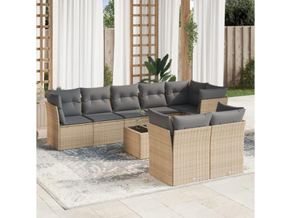 9-piece garden furniture set with cushions, beige woven resin
