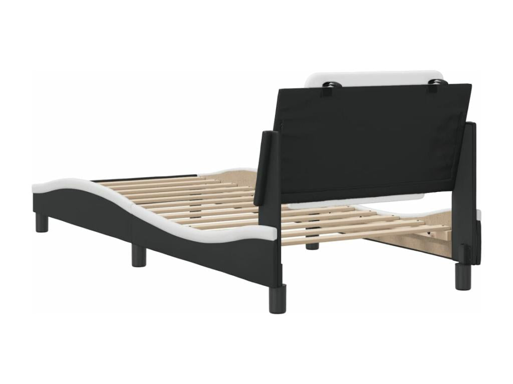 Black and white bed frame without mattress, 80x200 cm, faux leather