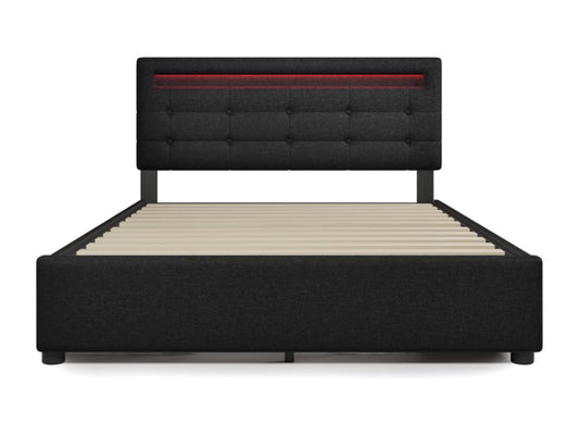 Upholstered double bed 140x200 cm with adjustable headboard / 4 drawers - LEDs - black linen