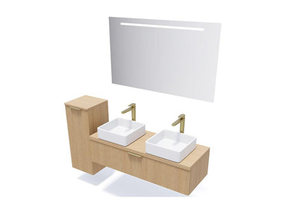 Wall-hung bathroom vanity unit with two countertop basins, 120cm, one drawer, fluted oak finish, left-opening mirrored column - Meublita