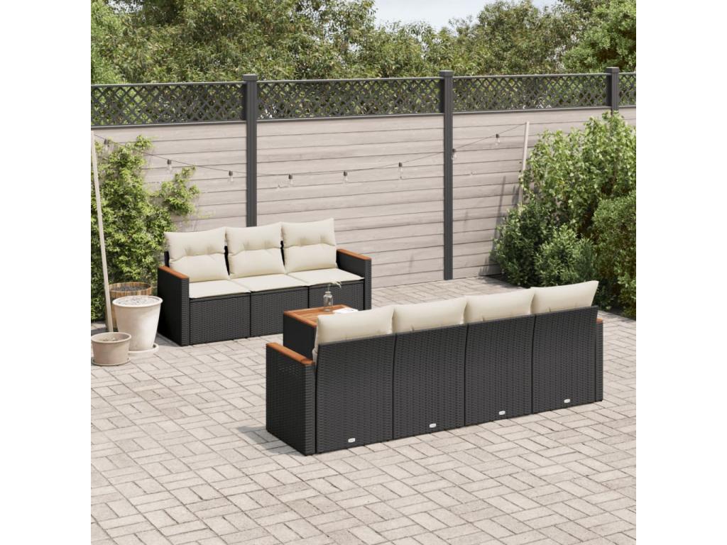 8-piece garden furniture set with cushions, black woven resin