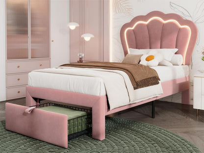 90x200 cm velvet bed with drawers and app-controlled LED lighting - Pink