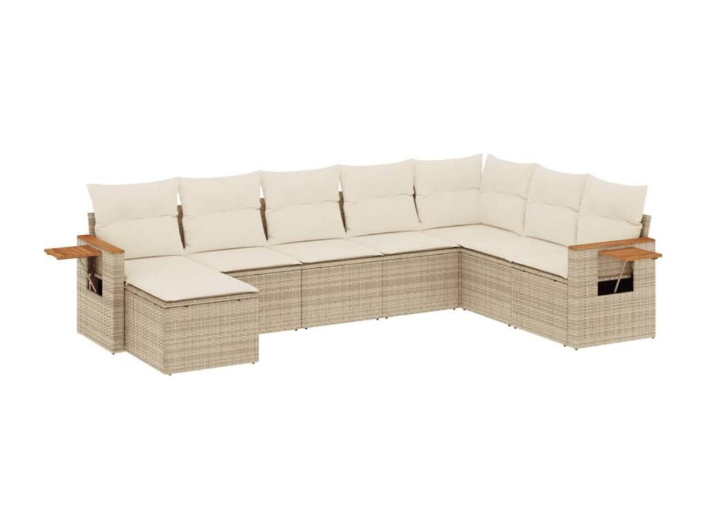 8-piece garden furniture set with cushions, beige woven resin