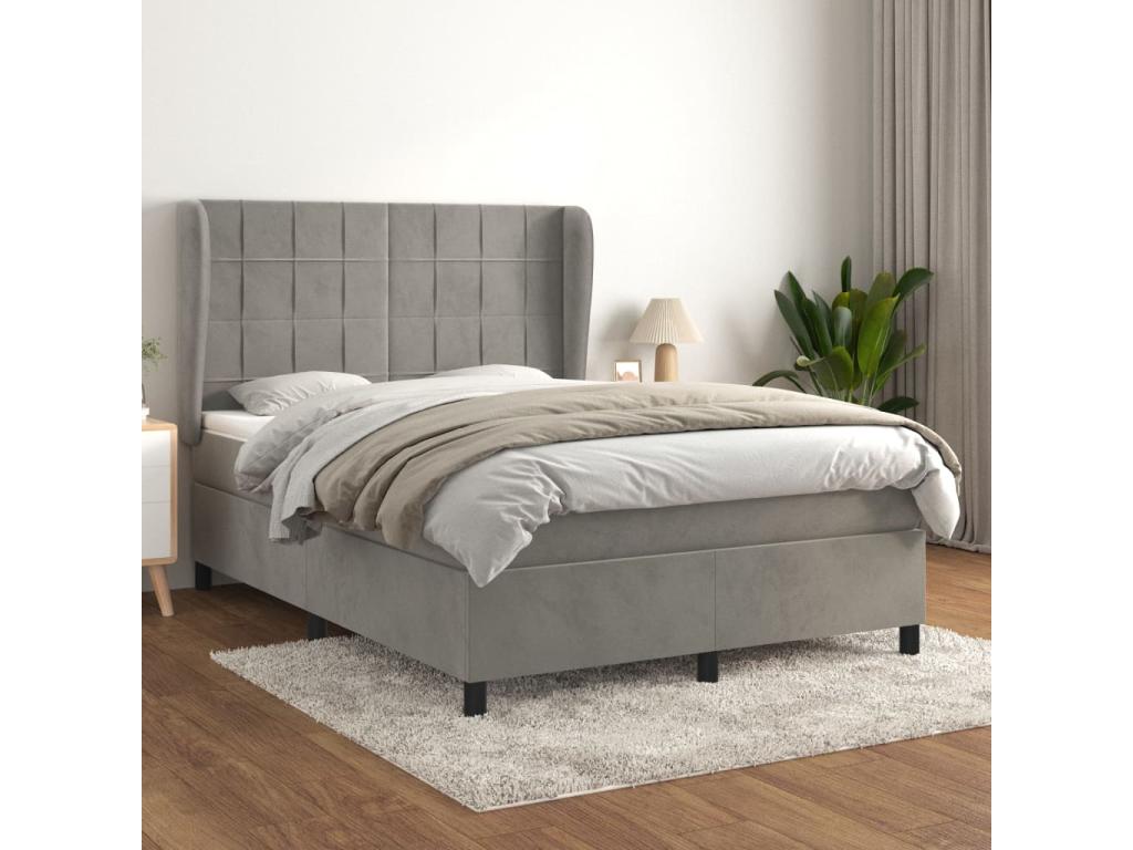 Upholstered bed base and mattress, light grey, 140x190cm, velvet