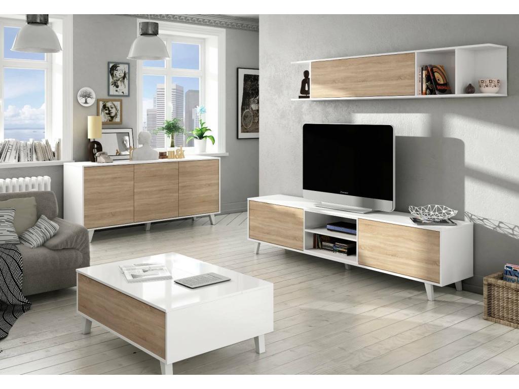 Meublita Buffet, Kitchen Buffet, Living Room Design Cabinet, Modern Buffet with 3 Doors and Shelves, 154x40x75 cm, White and Oak